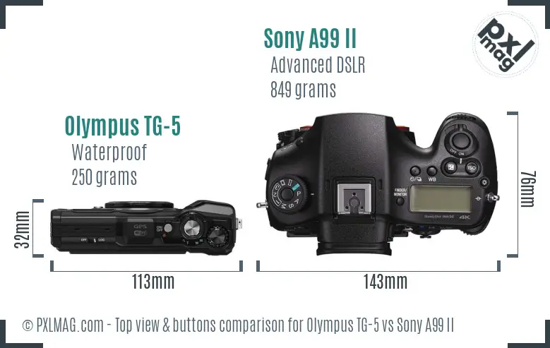 Olympus TG-5 vs Sony A99 II top view buttons comparison