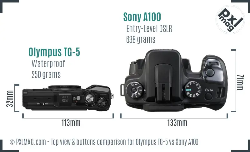 Olympus TG-5 vs Sony A100 top view buttons comparison