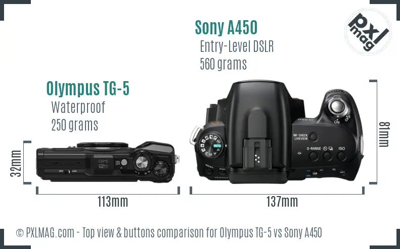 Olympus TG-5 vs Sony A450 top view buttons comparison