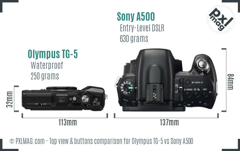 Olympus TG-5 vs Sony A500 top view buttons comparison