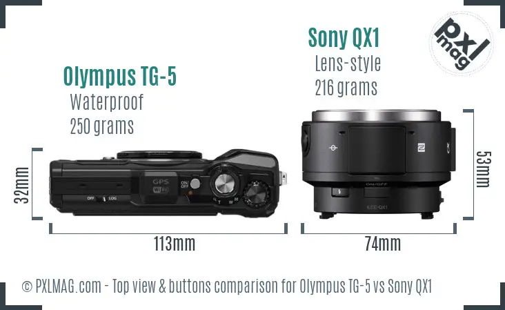 Olympus TG-5 vs Sony QX1 top view buttons comparison