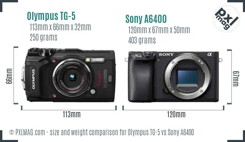 Olympus TG-5 vs Sony A6400 size comparison