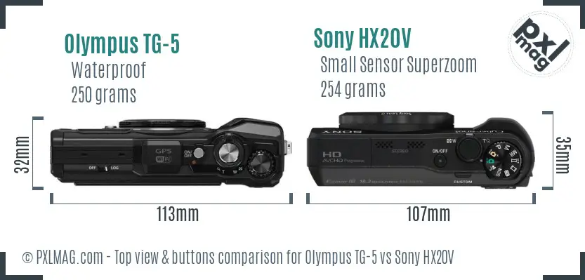 Olympus TG-5 vs Sony HX20V top view buttons comparison