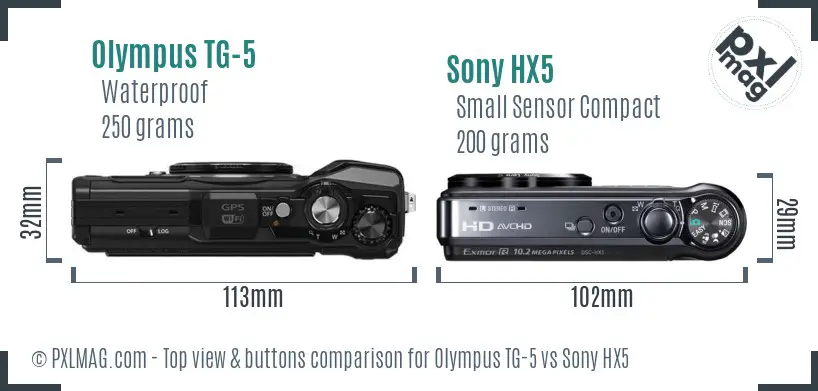 Olympus TG-5 vs Sony HX5 top view buttons comparison