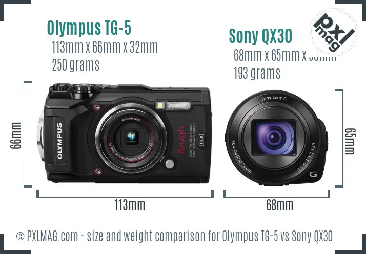 Olympus TG-5 vs Sony QX30 size comparison