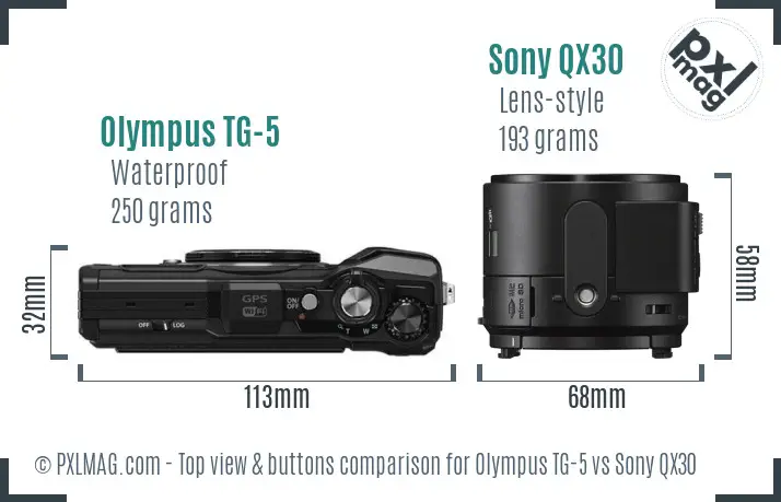 Olympus TG-5 vs Sony QX30 top view buttons comparison