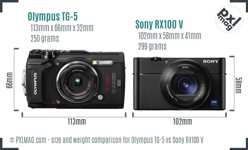 Olympus TG-5 vs Sony RX100 V size comparison