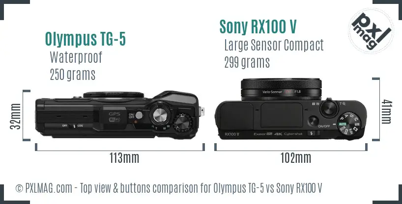 Olympus TG-5 vs Sony RX100 V top view buttons comparison