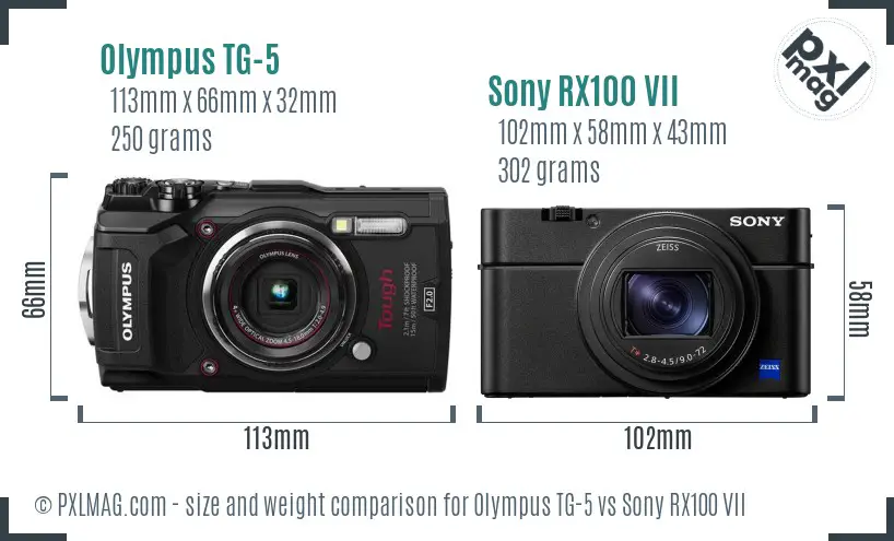 Olympus TG-5 vs Sony RX100 VII size comparison