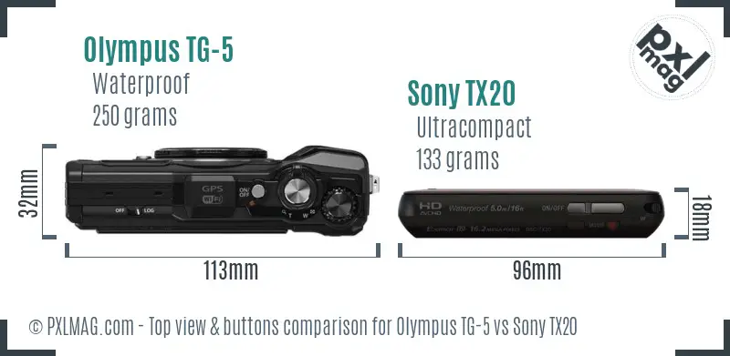 Olympus TG-5 vs Sony TX20 top view buttons comparison