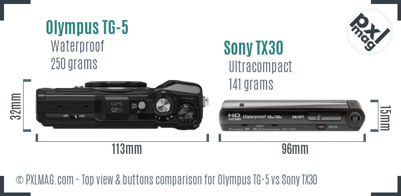 Olympus TG-5 vs Sony TX30 top view buttons comparison Olympus TG-5 vs Sony TX30 top view buttons comparison