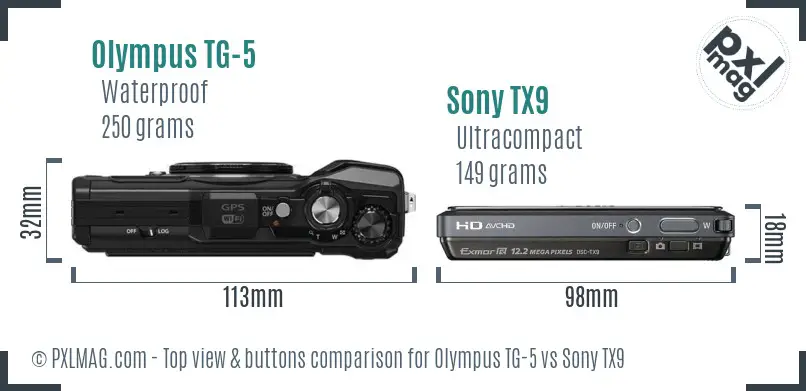 Olympus TG-5 vs Sony TX9 top view buttons comparison