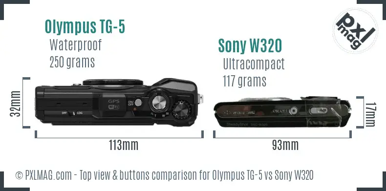 Olympus TG-5 vs Sony W320 top view buttons comparison