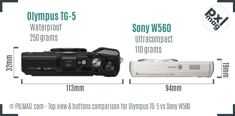 Olympus TG-5 vs Sony W560 top view buttons comparison