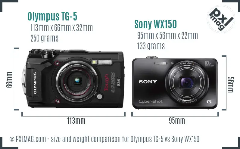 Olympus TG-5 vs Sony WX150 size comparison