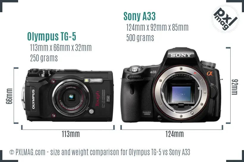 Olympus TG-5 vs Sony A33 size comparison