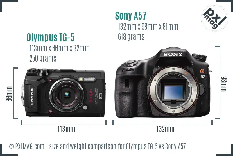 Olympus TG-5 vs Sony A57 size comparison