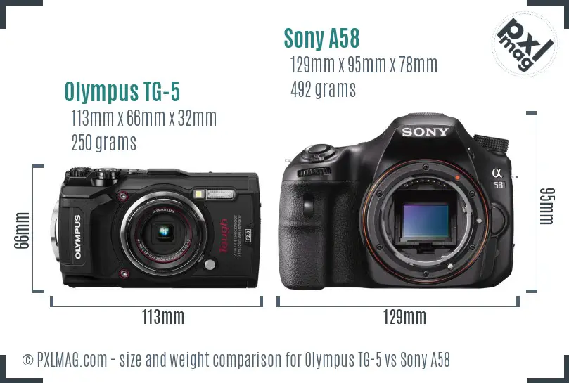 Olympus TG-5 vs Sony A58 size comparison
