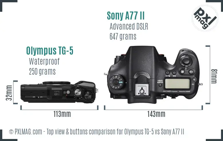 Olympus TG-5 vs Sony A77 II top view buttons comparison