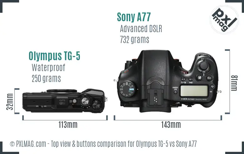 Olympus TG-5 vs Sony A77 top view buttons comparison