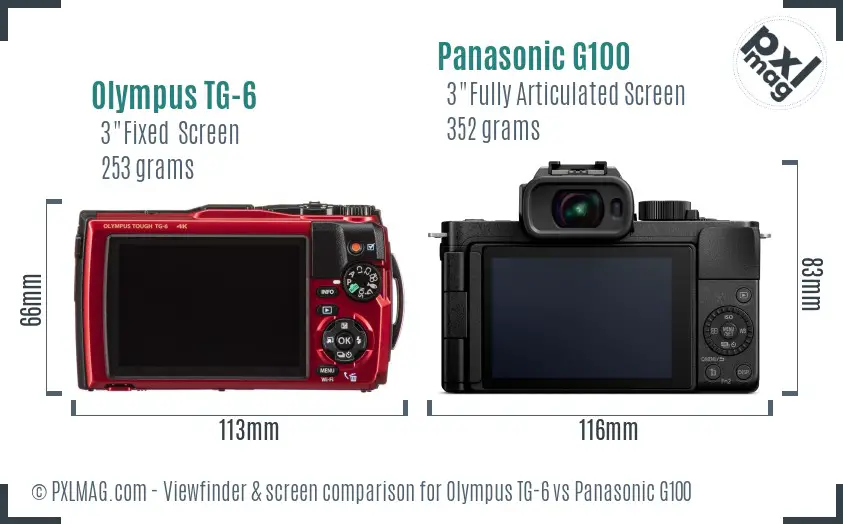 Olympus TG-6 vs Panasonic G100 Screen and Viewfinder comparison