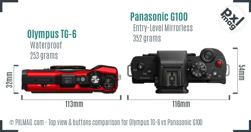 Olympus TG-6 vs Panasonic G100 top view buttons comparison