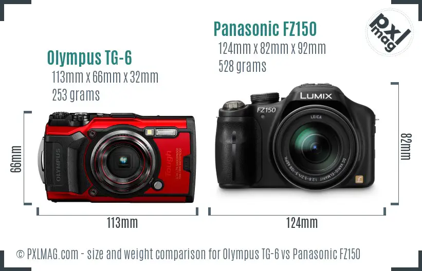 Olympus TG-6 vs Panasonic FZ150 size comparison