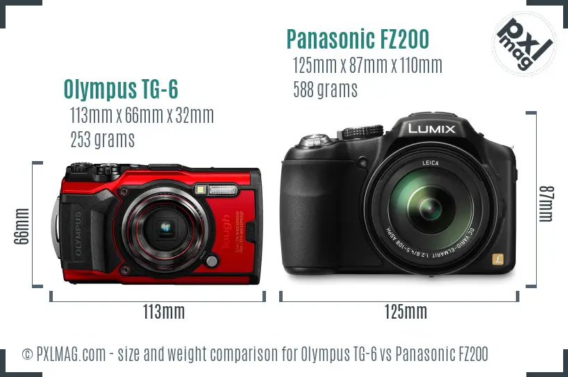 Olympus TG-6 vs Panasonic FZ200 size comparison