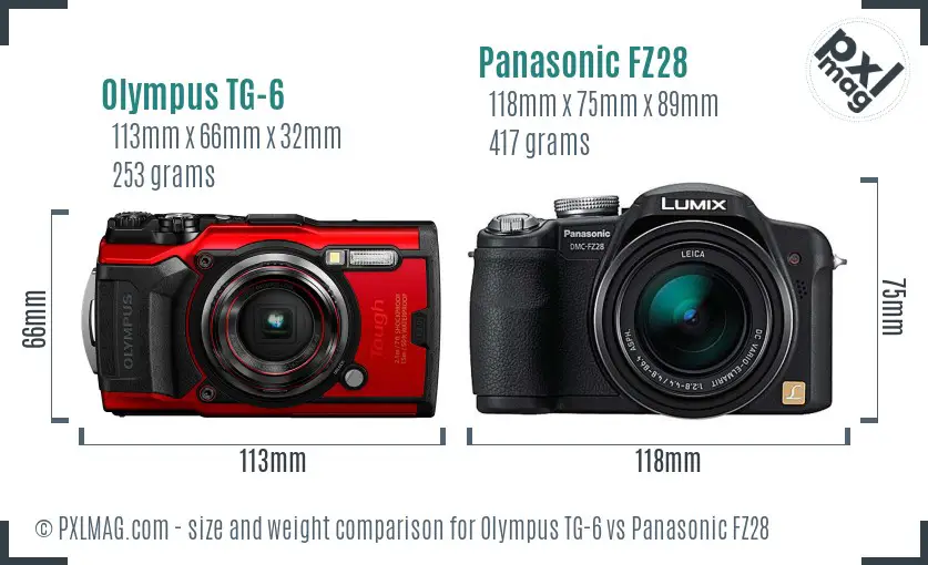 Olympus TG-6 vs Panasonic FZ28 size comparison