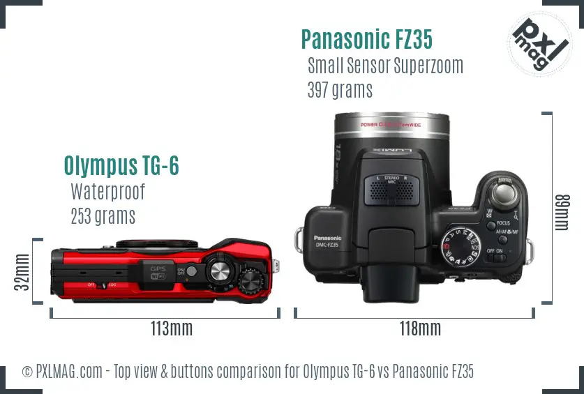 Olympus TG-6 vs Panasonic FZ35 top view buttons comparison Olympus TG-6 vs Panasonic FZ35 top view buttons comparison