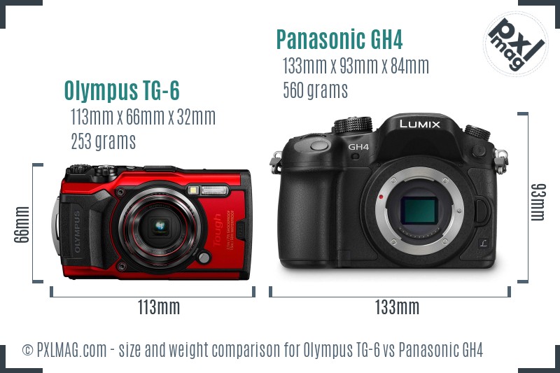 Olympus TG-6 vs Panasonic GH4 size comparison