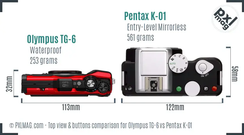 Olympus TG-6 vs Pentax K-01 top view buttons comparison