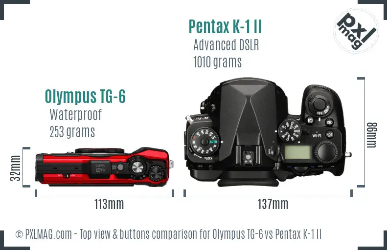 Olympus TG-6 vs Pentax K-1 II top view buttons comparison