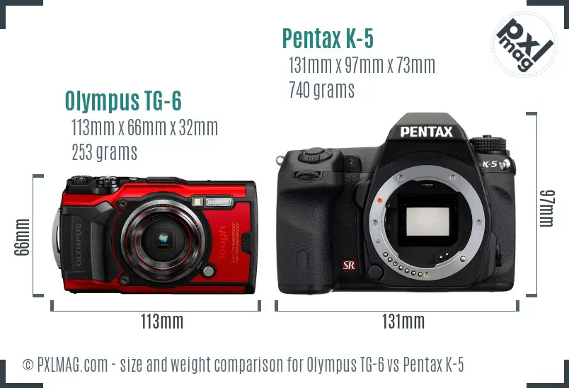 Olympus TG-6 vs Pentax K-5 size comparison