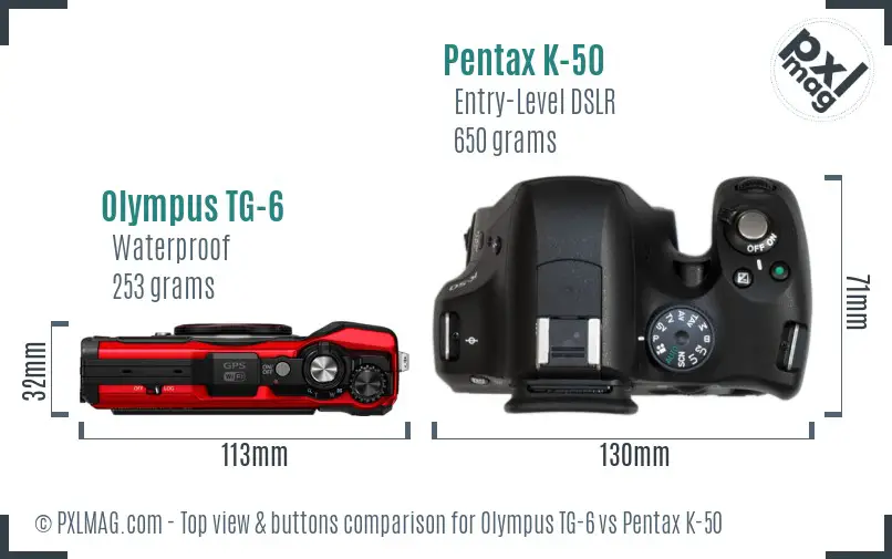 Olympus TG-6 vs Pentax K-50 top view buttons comparison