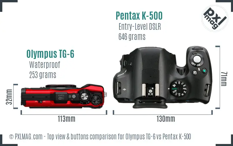 Olympus TG-6 vs Pentax K-500 top view buttons comparison