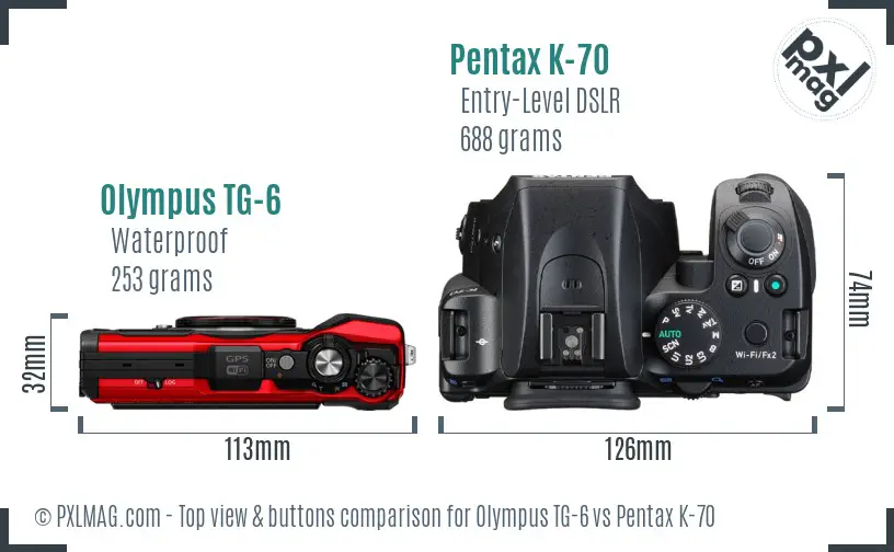 Olympus TG-6 vs Pentax K-70 top view buttons comparison