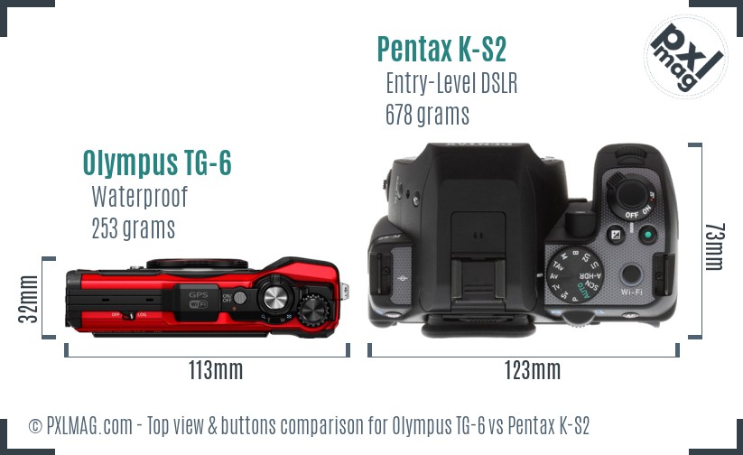 Olympus TG-6 vs Pentax K-S2 top view buttons comparison