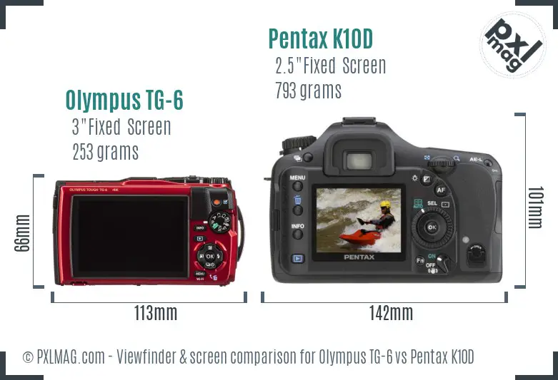 Olympus TG-6 vs Pentax K10D Screen and Viewfinder comparison