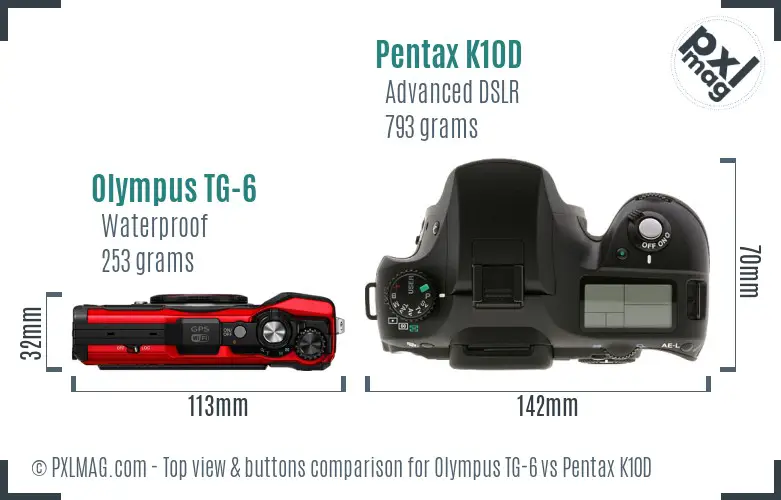 Olympus TG-6 vs Pentax K10D top view buttons comparison