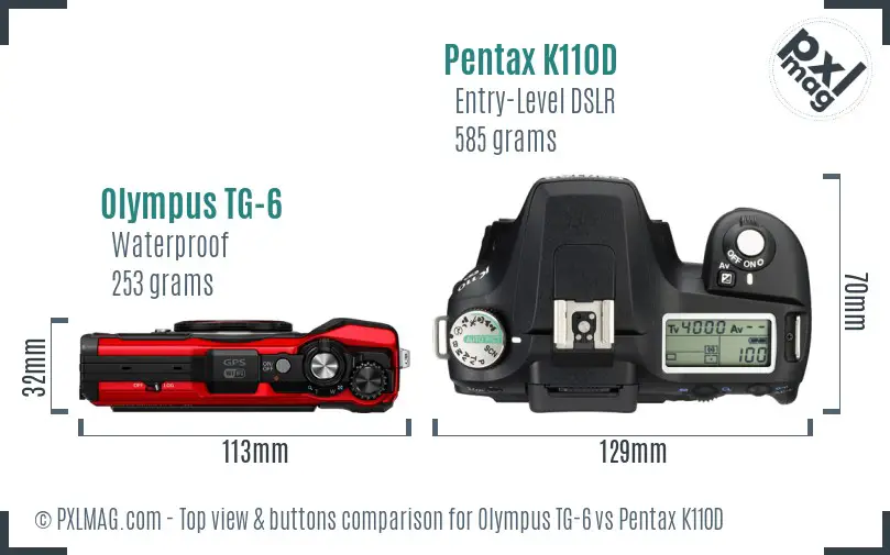 Olympus TG-6 vs Pentax K110D top view buttons comparison Olympus TG-6 vs Pentax K110D top view buttons comparison
