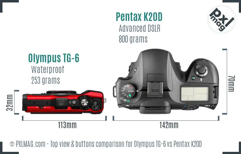 Olympus TG-6 vs Pentax K20D top view buttons comparison