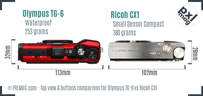 Olympus TG-6 vs Ricoh CX1 top view buttons comparison
