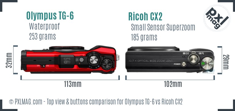 Olympus TG-6 vs Ricoh CX2 top view buttons comparison