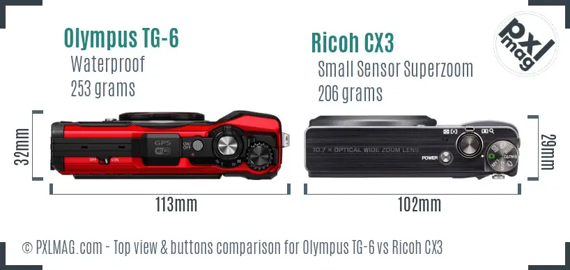 Olympus TG-6 vs Ricoh CX3 top view buttons comparison