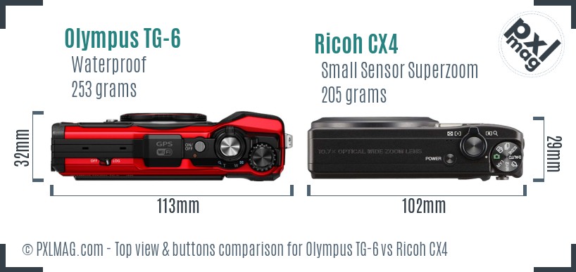 Olympus TG-6 vs Ricoh CX4 top view buttons comparison