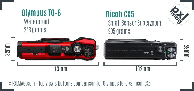 Olympus TG-6 vs Ricoh CX5 top view buttons comparison