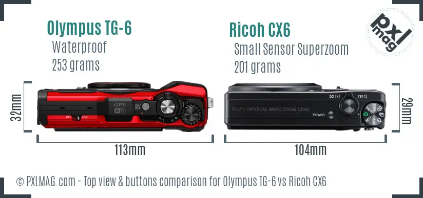 Olympus TG-6 vs Ricoh CX6 top view buttons comparison