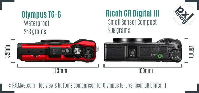 Olympus TG-6 vs Ricoh GR Digital III top view buttons comparison