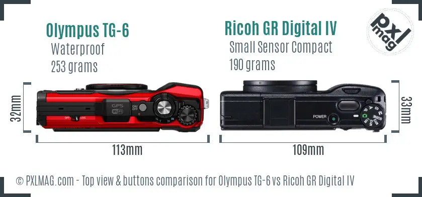 Olympus TG-6 vs Ricoh GR Digital IV top view buttons comparison Olympus TG-6 vs Ricoh GR Digital IV top view buttons comparison